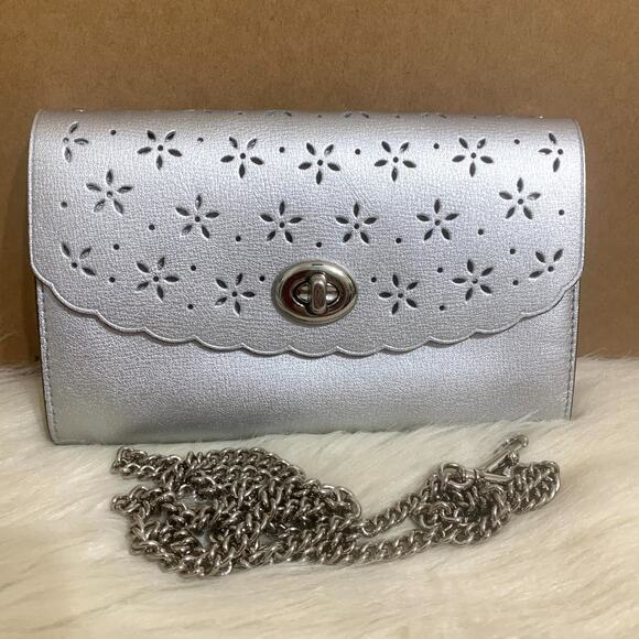 COACH Silver Laser Perforated Leather Turnlock Chain Strap Clutch XBody F58072 - Picture 1 of 16